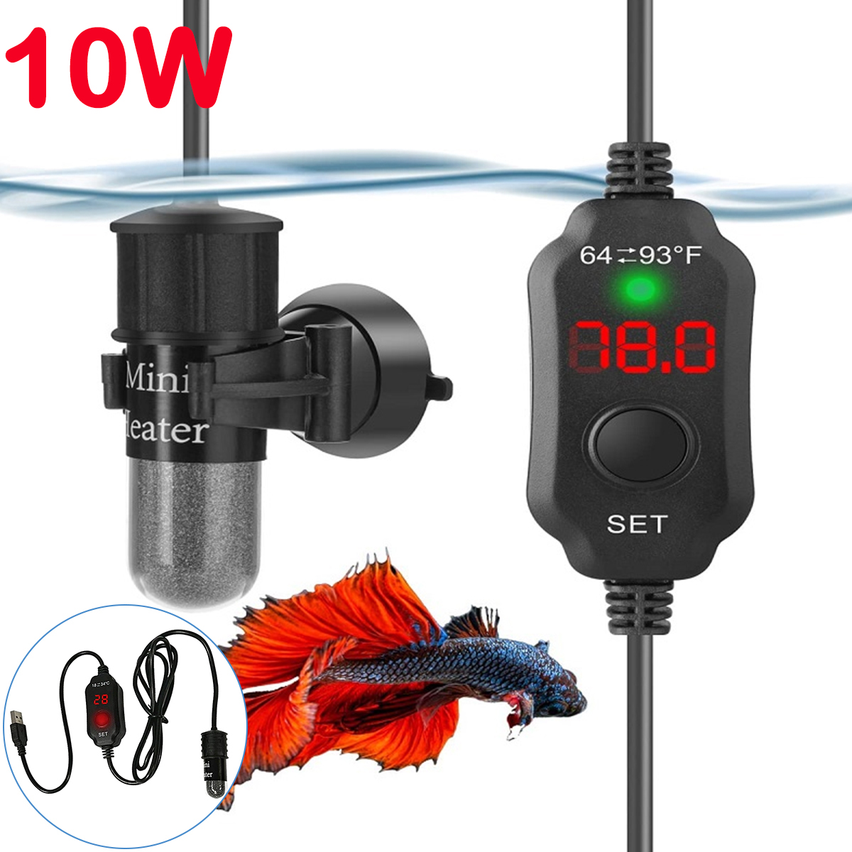 Fish Tank Heater - Batang pemanas akuarium, 10W dapat disesuaikan